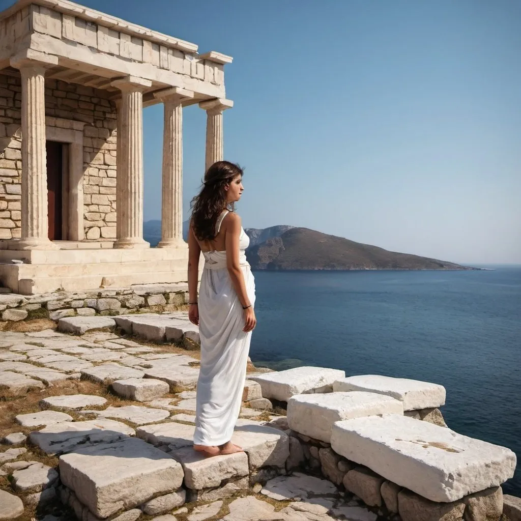 Prompt: Greek woman sea villa stones temple