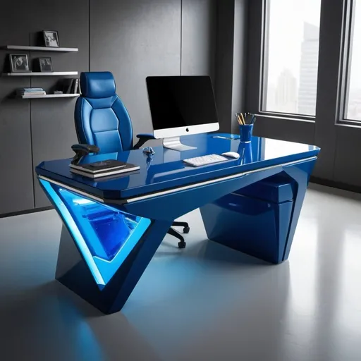Prompt: Futuristic office desk kryptonite blue 