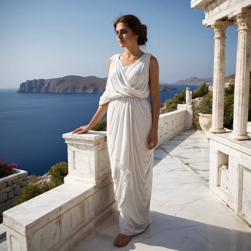 Prompt: Greek woman marble sea villa