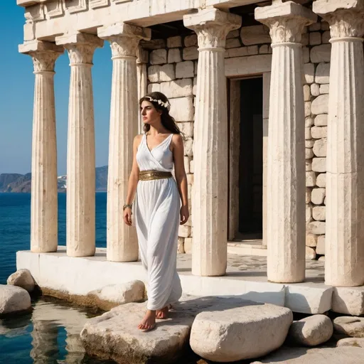 Prompt: Greek woman sea villa stones temple