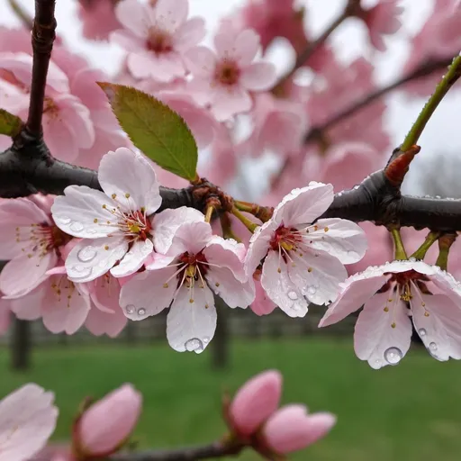 Prompt: dew on cherry blossoms