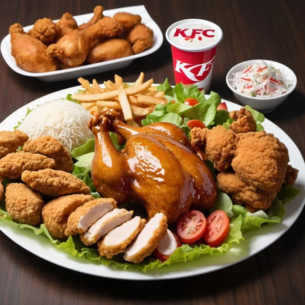 Prompt: Cola and KFC chicken and salad and other food