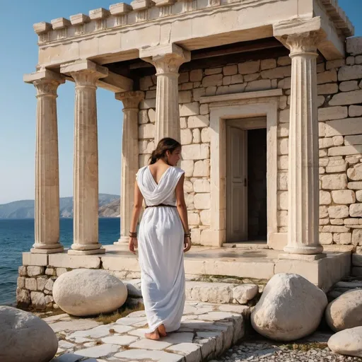 Prompt: Greek woman sea villa stones temple