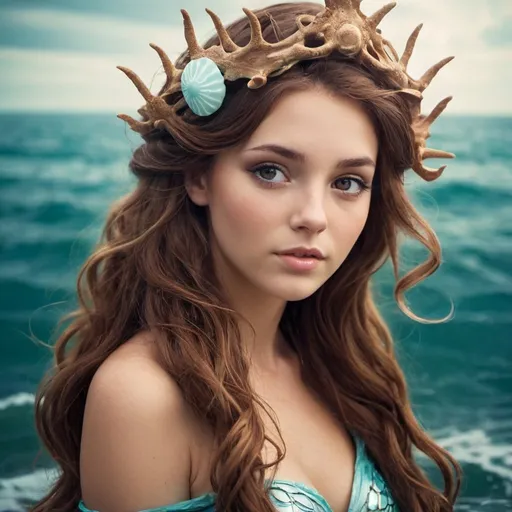 Prompt: sea goddess Eos beautiful girl brown haired