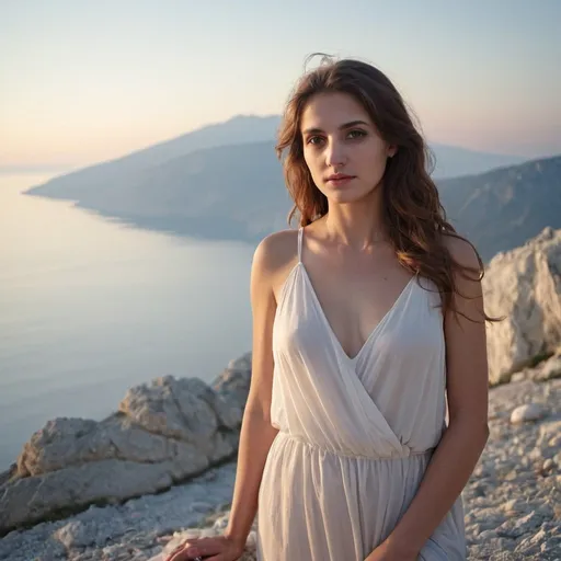 Prompt: greek Eos seaside morning beautiful woman mount olympus