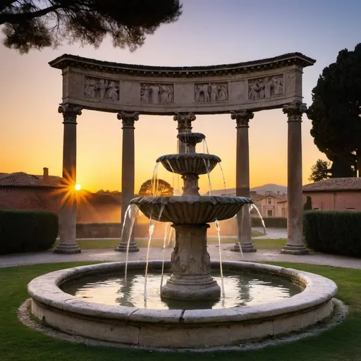 Prompt: roman villa fountain sunrise