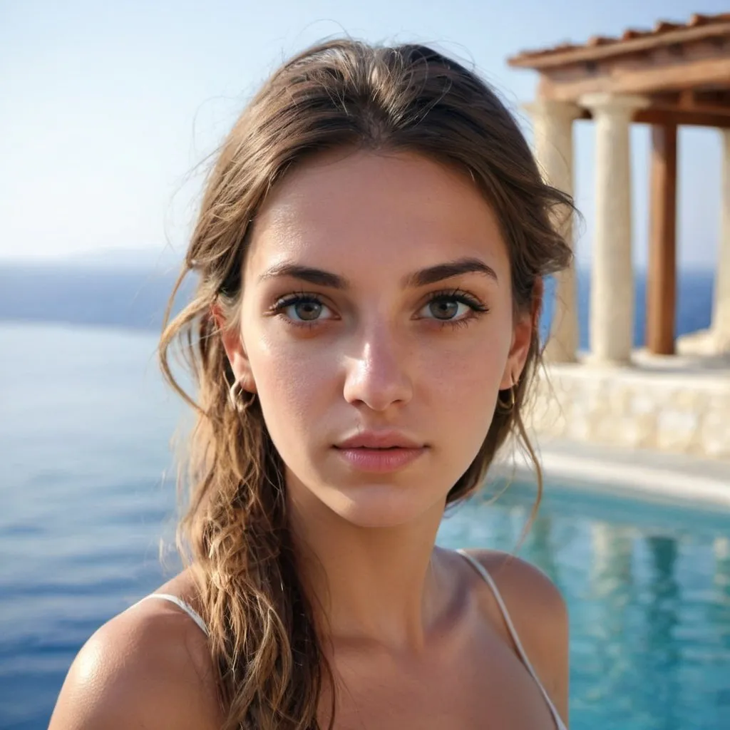 Prompt: greek beautiful girl sea villa face front