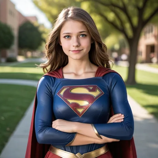 Prompt: Supergirl with brown hair young college student