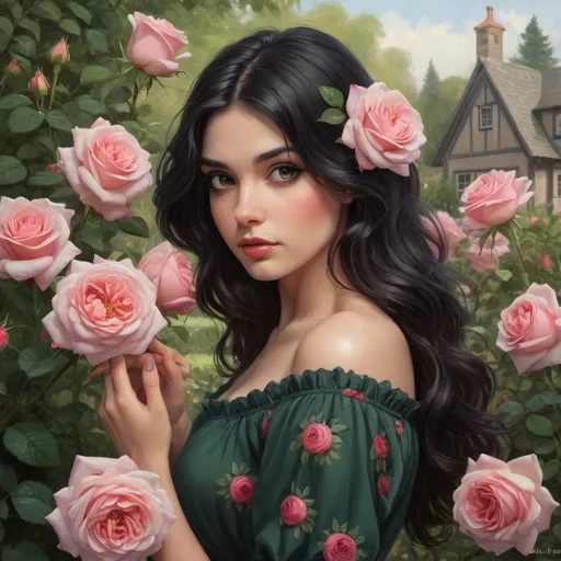 Prompt: dark haired girl garden of roses