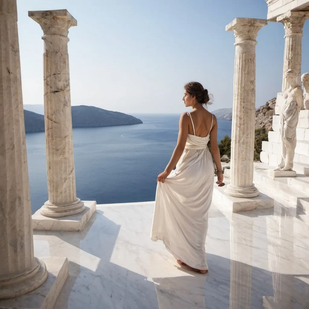 Prompt: Greek woman marble sea villa