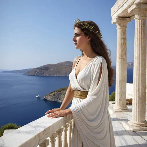 Prompt: Greek woman marble sea villa