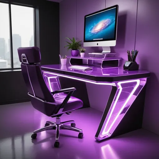 Prompt: Futuristic office desk kryptonite violet