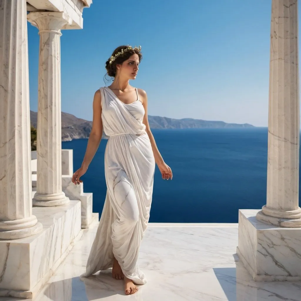 Prompt: Greek woman marble sea villa