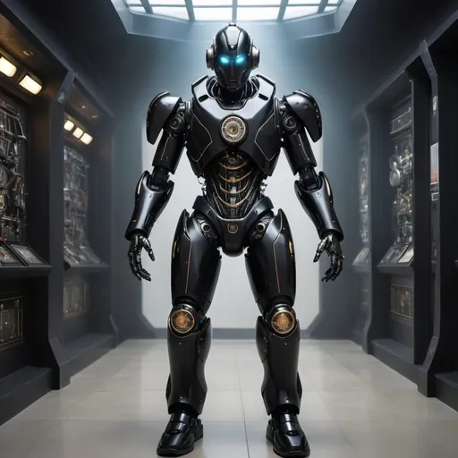 Prompt: Time gate traveller black robot suit