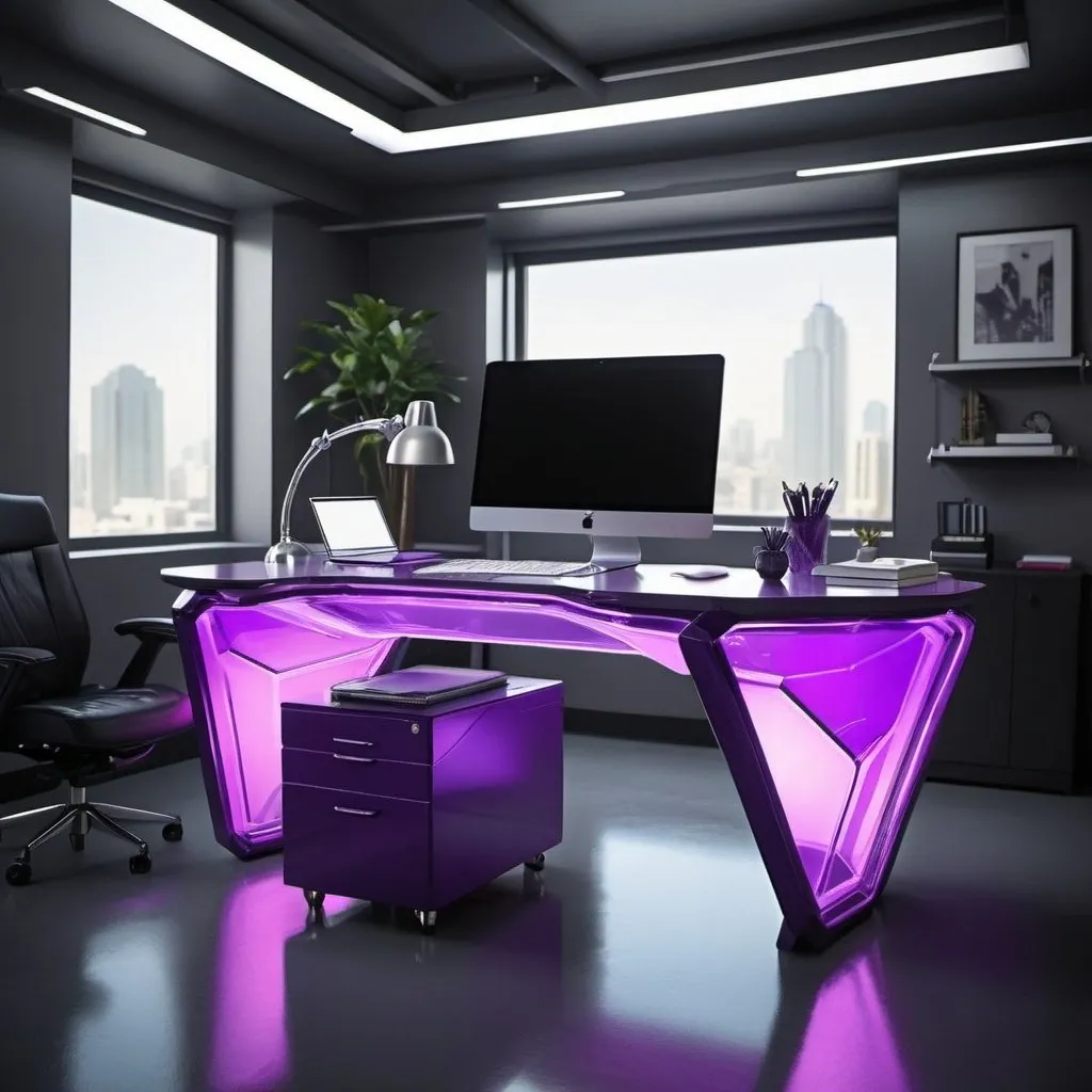 Prompt: Futuristic office desk kryptonite violet