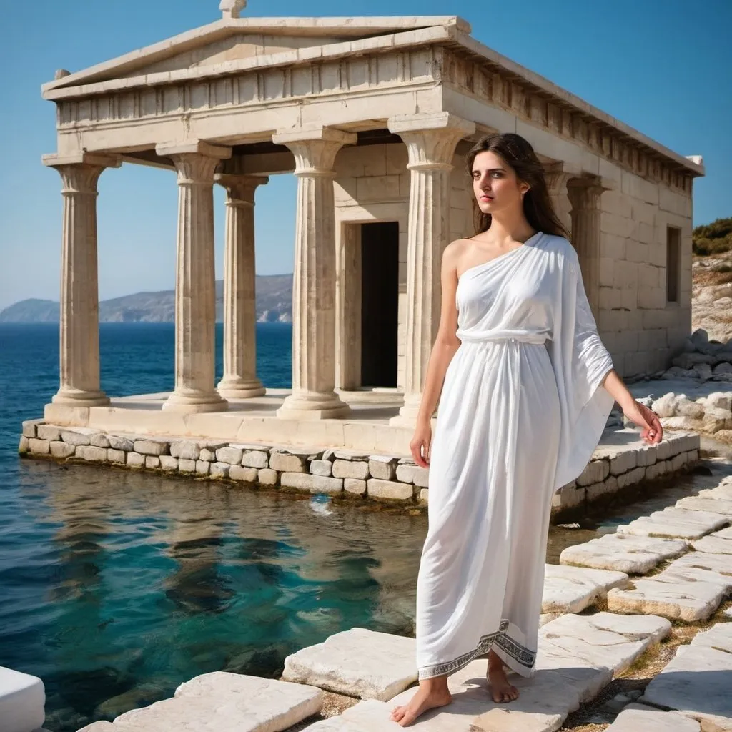 Prompt: Greek woman sea villa stones temple