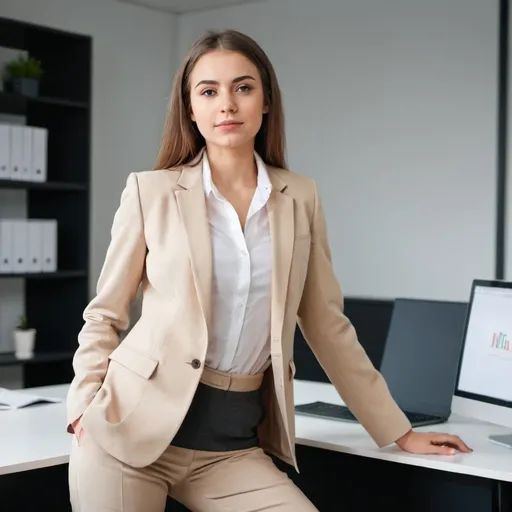 Prompt: young woman in beige suit at office