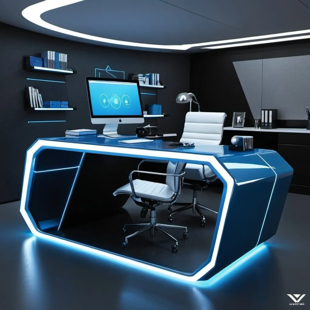 Prompt: Futuristic office desk kryptonite blue 