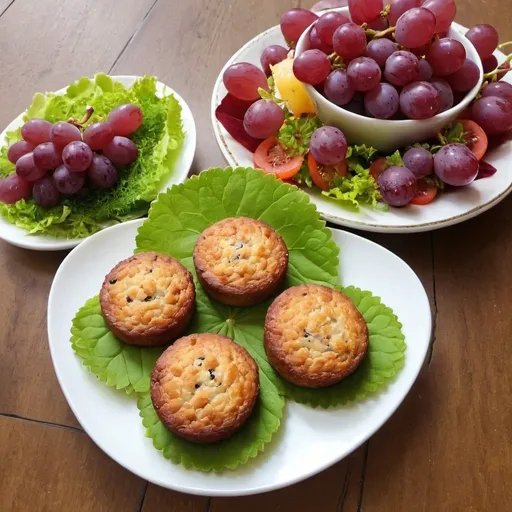 Prompt: Grapes cakes and salad