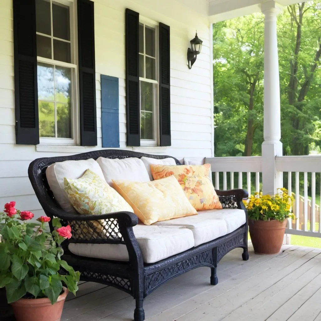 Prompt: porch summer sun outside sofa