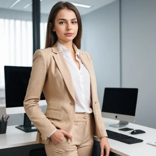 Prompt: young woman in beige suit at office