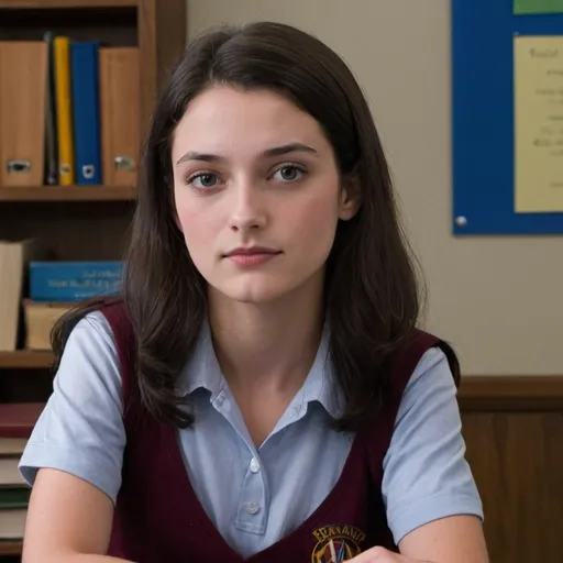 Prompt: Linda danvers Dark brown haired young 
student