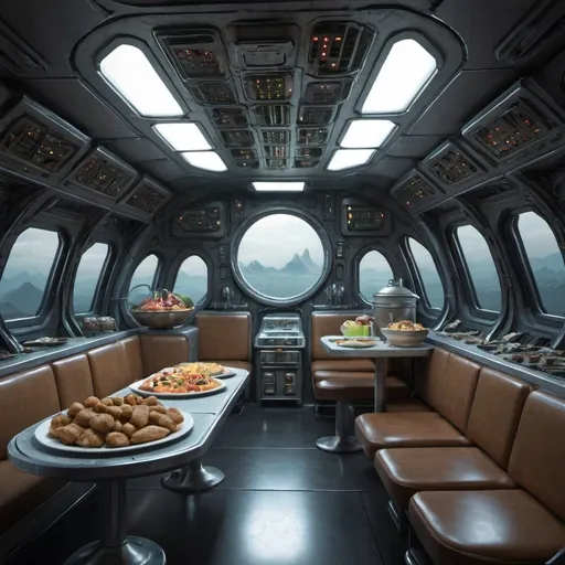 Prompt: alien ship interior food