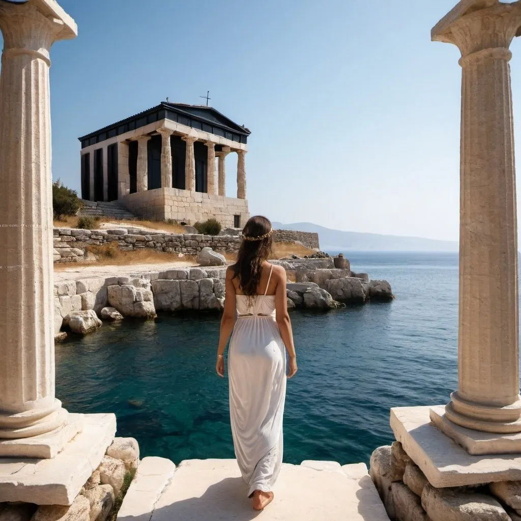 Prompt: Greek woman sea villa stones temple