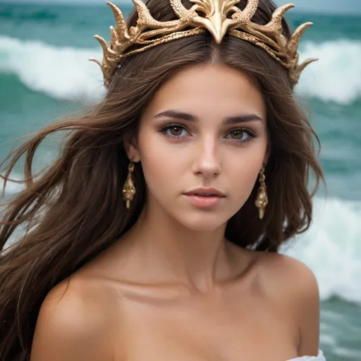 Prompt: sea goddess  beautiful girl brown haired brown eyed woman