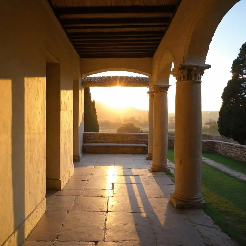 Prompt: roman villa sunrise light porch