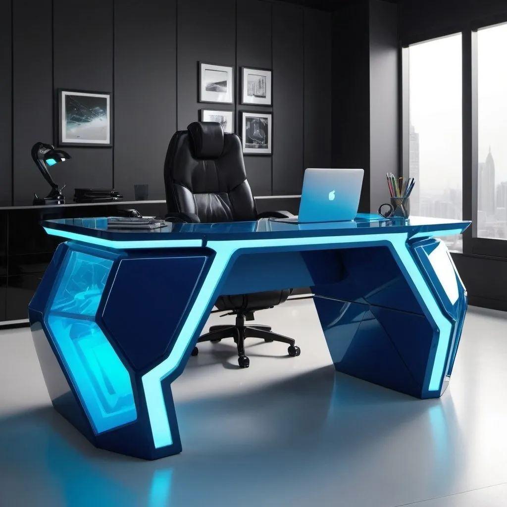 Prompt: Futuristic office desk kryptonite blue 