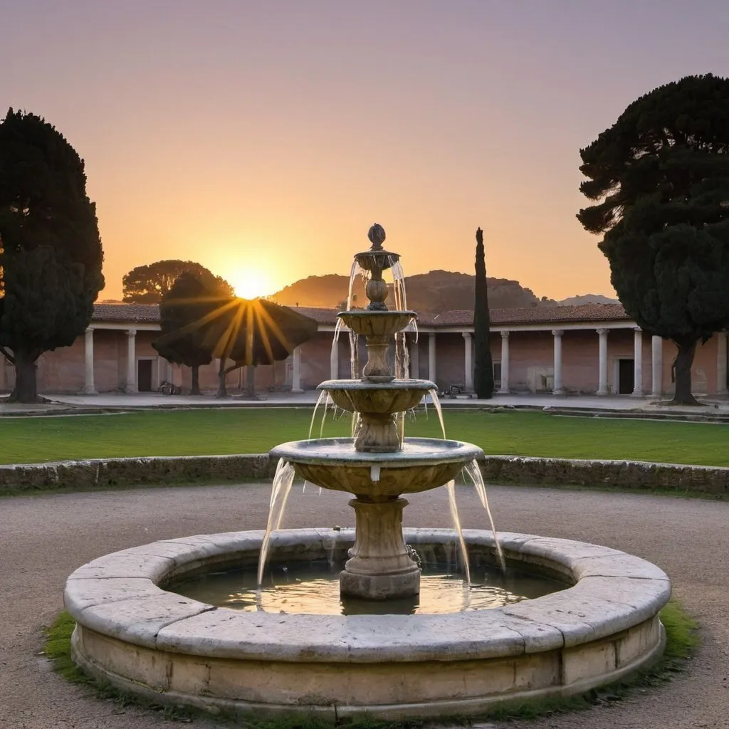 Prompt: roman villa fountain sunrise