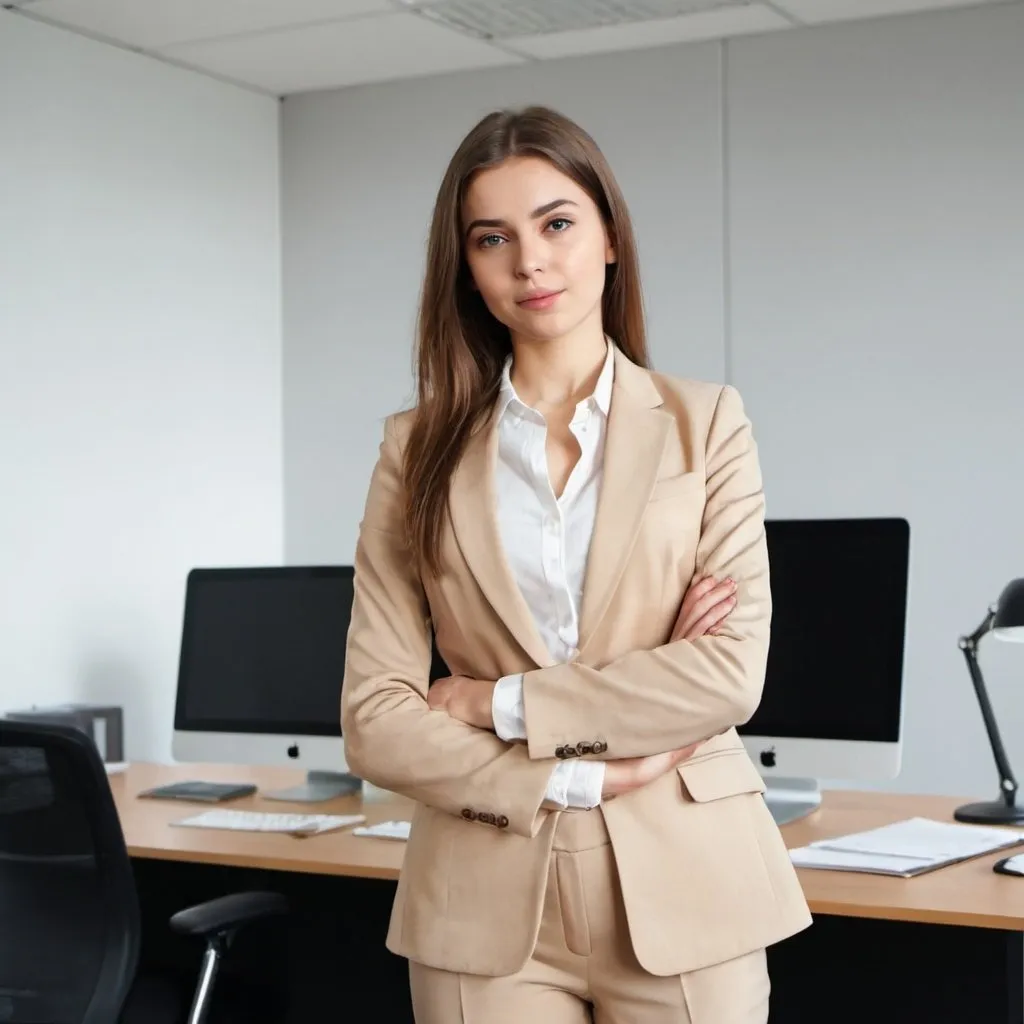 Prompt: young woman in beige suit at office