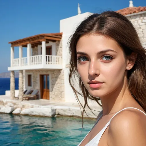Prompt: greek beautiful girl sea villa face front