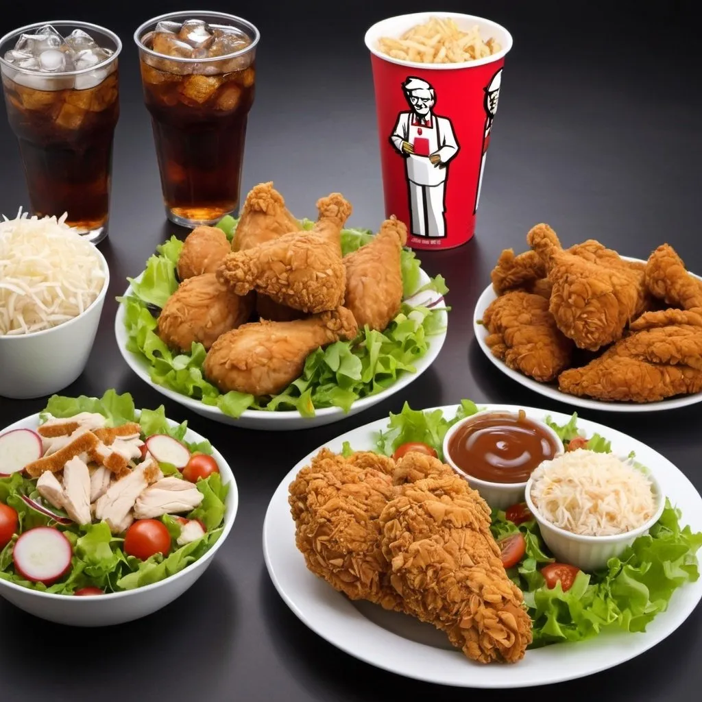 Prompt: Cola and KFC chicken and salad and other food