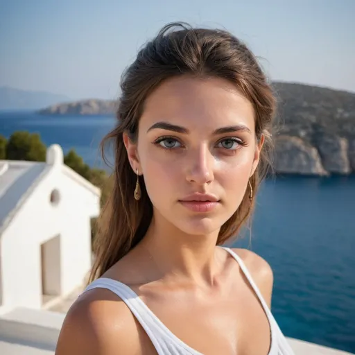 Prompt: greek beautiful girl sea villa face front