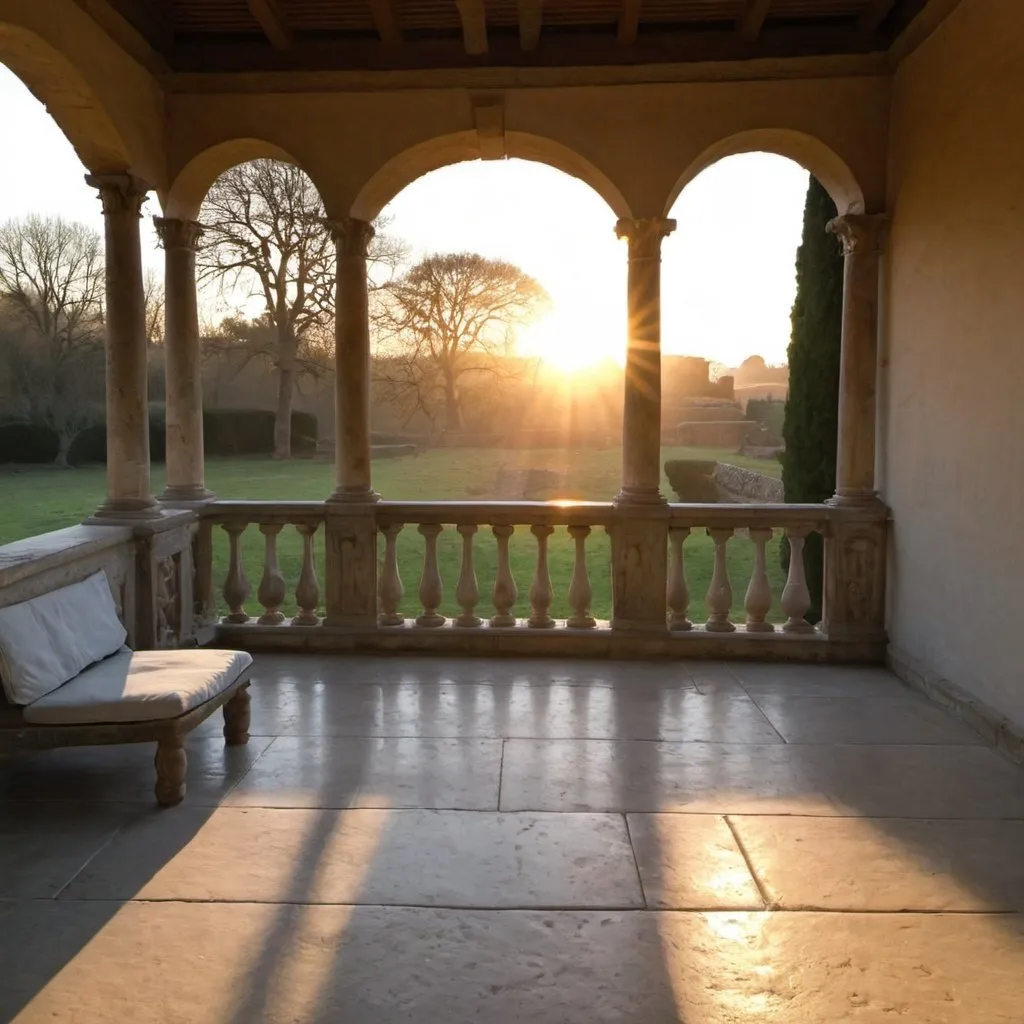 Prompt: roman villa sunrise light porch