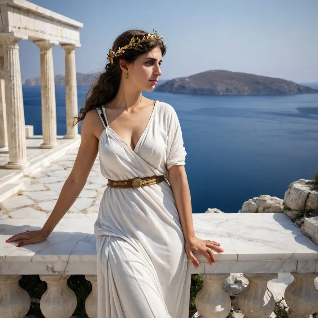 Prompt: Greek woman marble sea villa