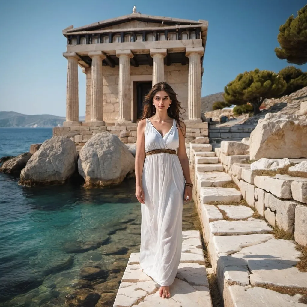 Prompt: Greek woman sea villa stones temple