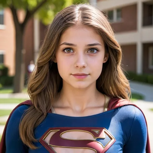 Prompt: Supergirl with brown 
 eyes young college student