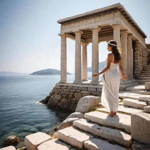 Prompt: Greek woman sea villa stones temple