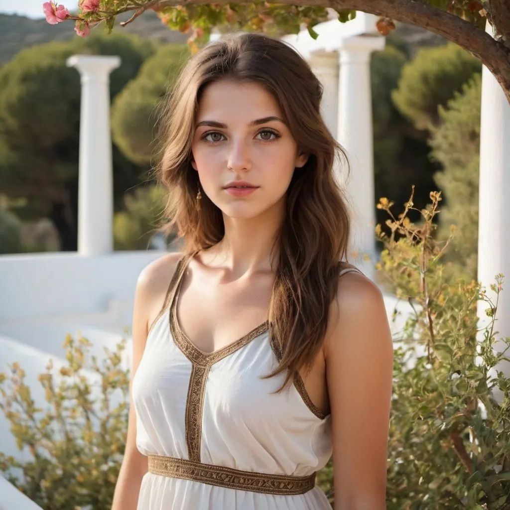 Prompt: greek villa beautiful brown haired girl