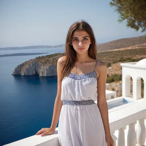 Prompt: greek  beautiful young girl villa sea