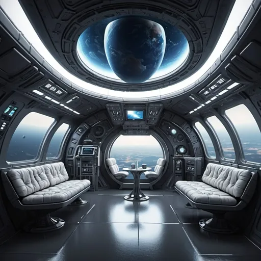 Prompt: Futuristic interior alien ship earth orbit