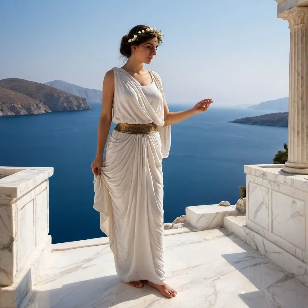 Prompt: Greek woman marble sea villa