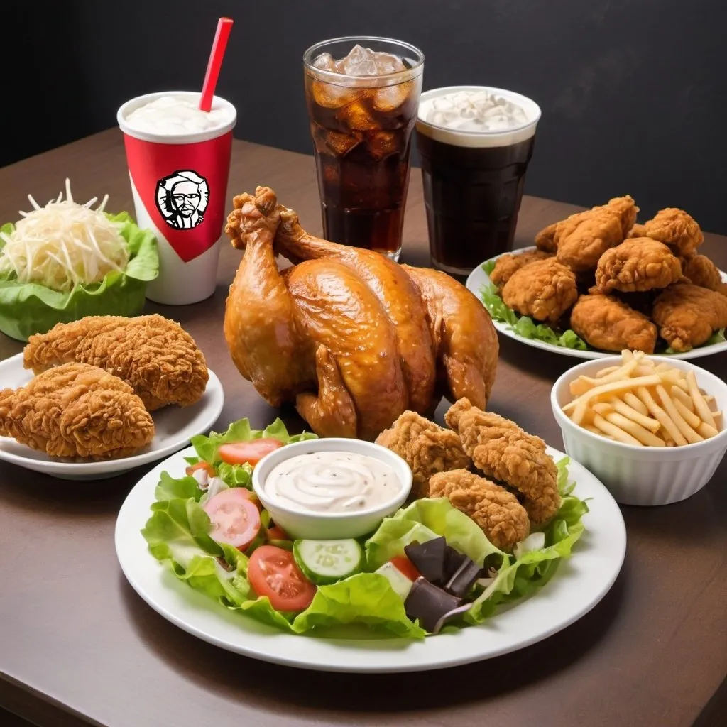 Prompt: Cola and KFC chicken and salad and other food