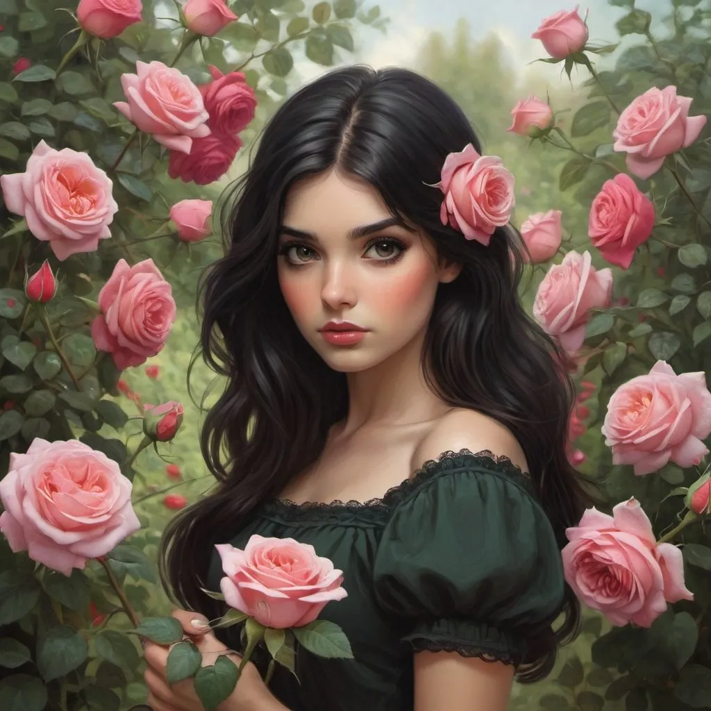 Prompt: dark haired girl garden of roses