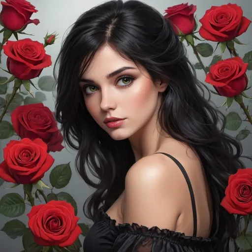 Prompt: beautiful dark haired girl roses