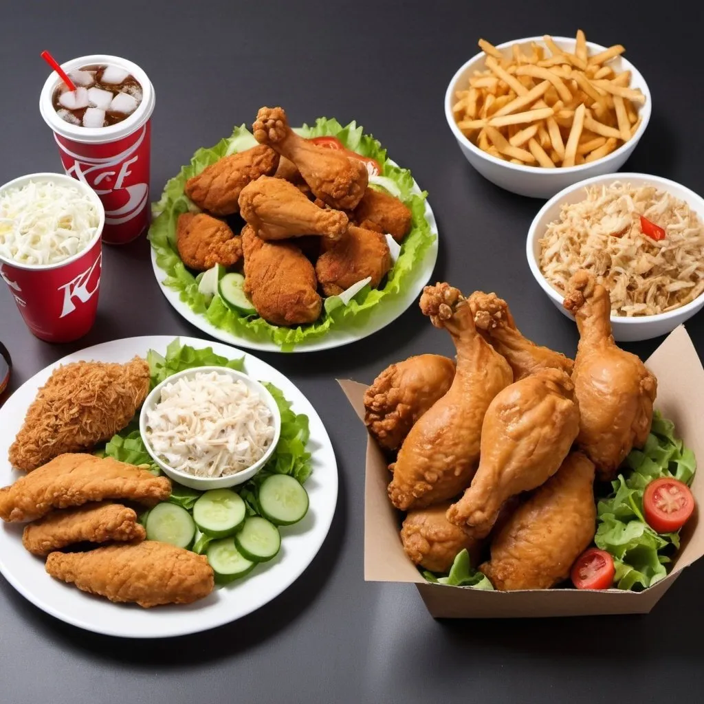 Prompt: Cola and KFC chicken and salad and other food