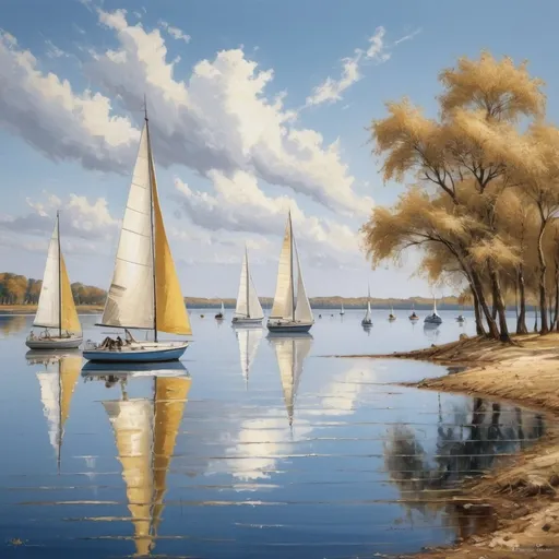 Prompt: lake in savanah with sailing boats gold and silver colours with blue
